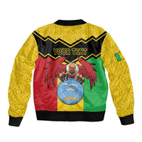 Unisex bomber jacket back with yellow patterned sleeves, red/green panels, 'YOUR TEXT'