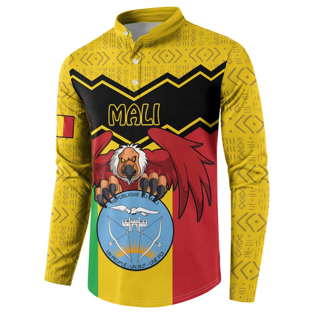 Yellow long-sleeve button polo sweatshirt with large Mali crest graphic on front