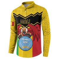 Yellow long-sleeve button polo sweatshirt with large Mali crest graphic on front
