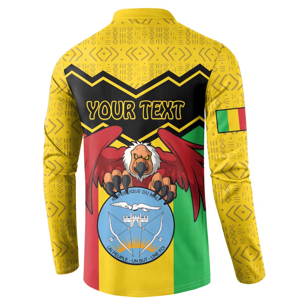 Yellow long-sleeve button polo sweatshirt with “YOUR TEXT” and Mali crest on back