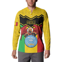 Yellow long-sleeve button polo sweatshirt with Mali emblem graphic, worn by model