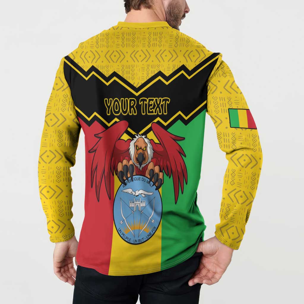 Yellow long-sleeve button polo sweatshirt with “YOUR TEXT” and crest graphic, back view