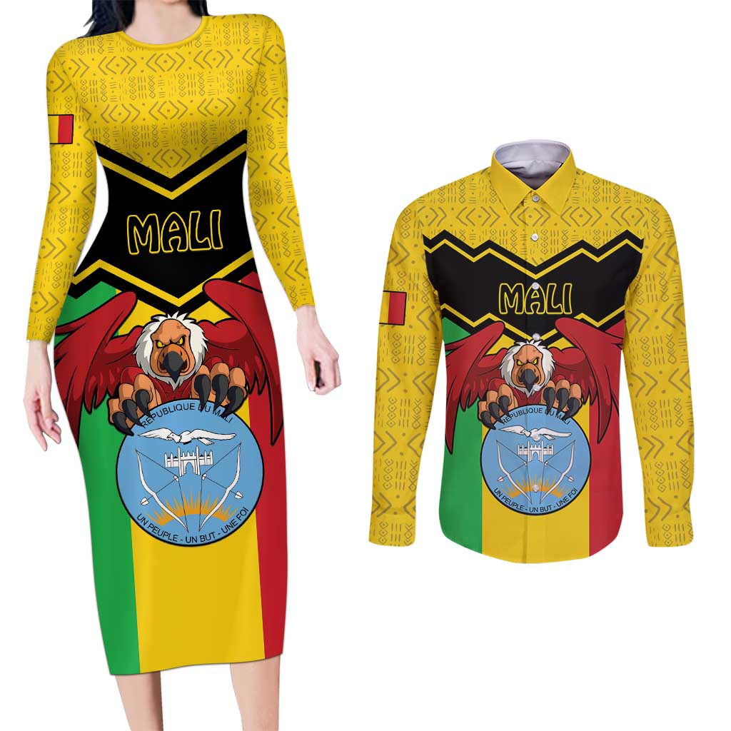 Personalised Mali Couples Matching Long Sleeve Bodycon Dress and Long Sleeve Button Shirt Vulture With Coat Of Arms Bogolan Pattern