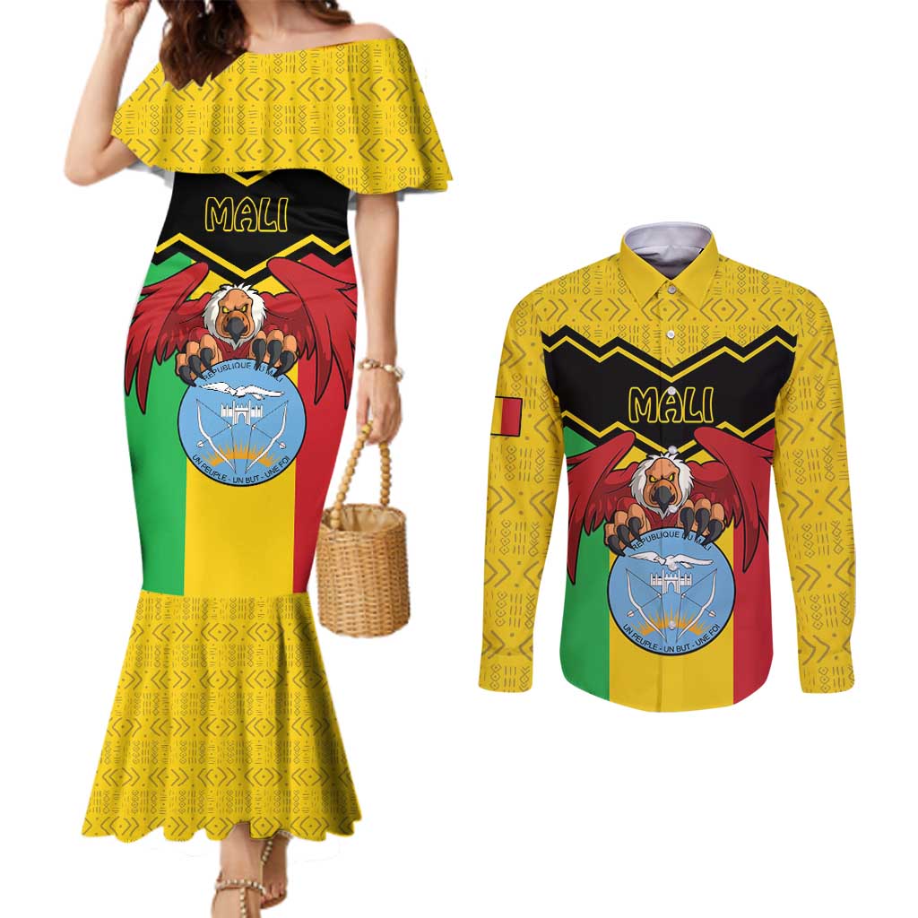 Personalised Mali Couples Matching Mermaid Dress and Long Sleeve Button Shirt Vulture With Coat Of Arms Bogolan Pattern