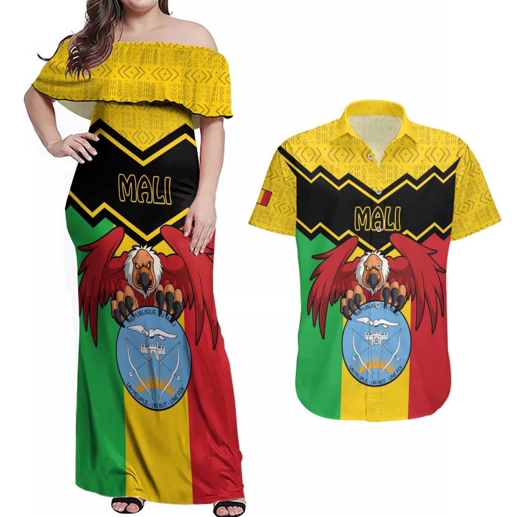 Personalised Mali Couples Matching Off Shoulder Maxi Dress and Hawaiian Shirt Vulture With Coat Of Arms Bogolan Pattern