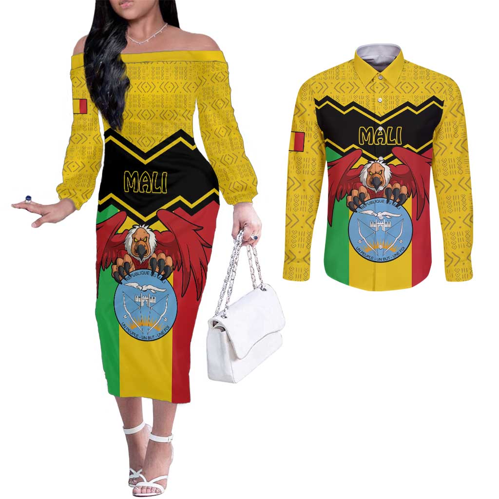 Personalised Mali Couples Matching Off The Shoulder Long Sleeve Dress and Long Sleeve Button Shirt Vulture With Coat Of Arms Bogolan Pattern