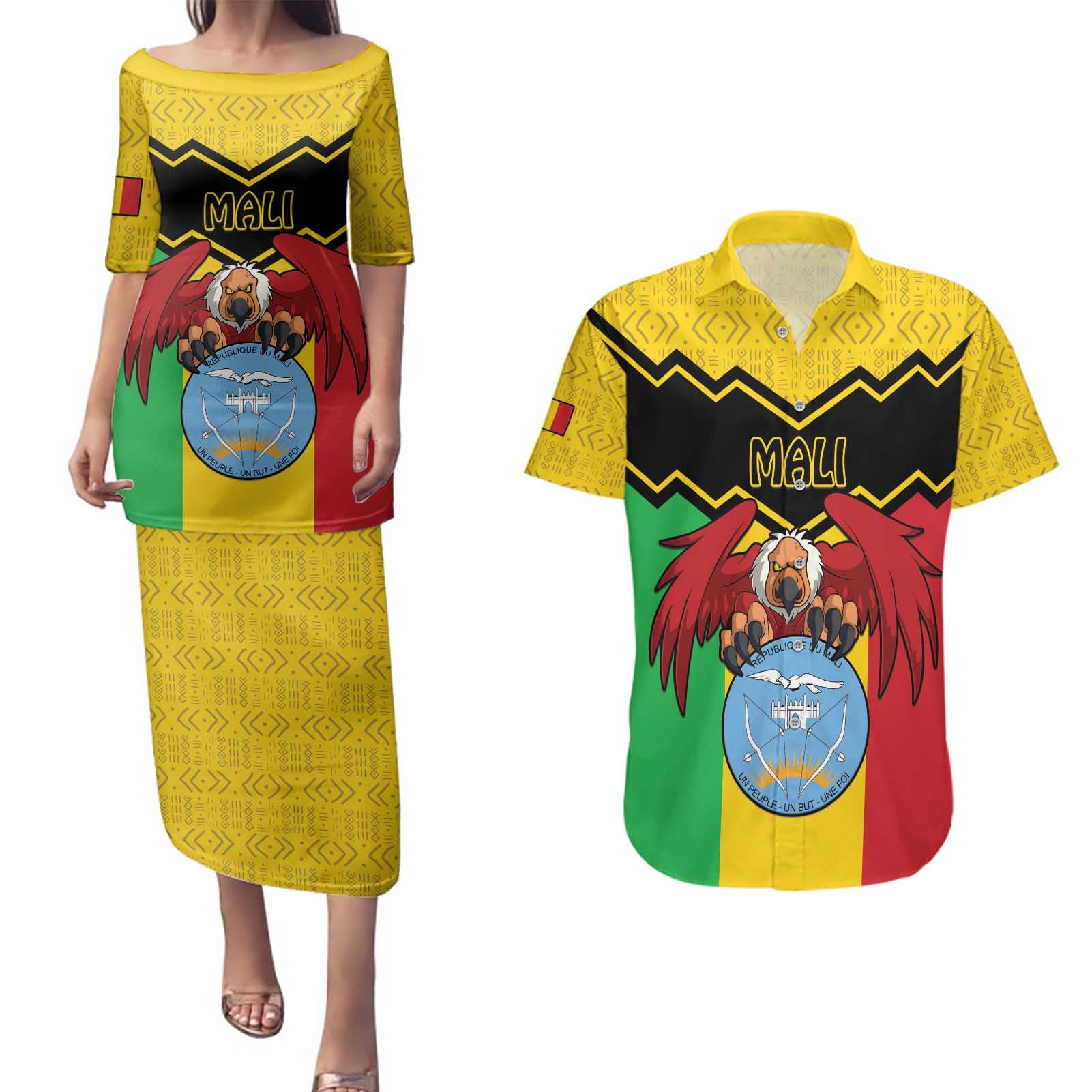 Personalised Mali Couples Matching Puletasi and Hawaiian Shirt Vulture With Coat Of Arms Bogolan Pattern