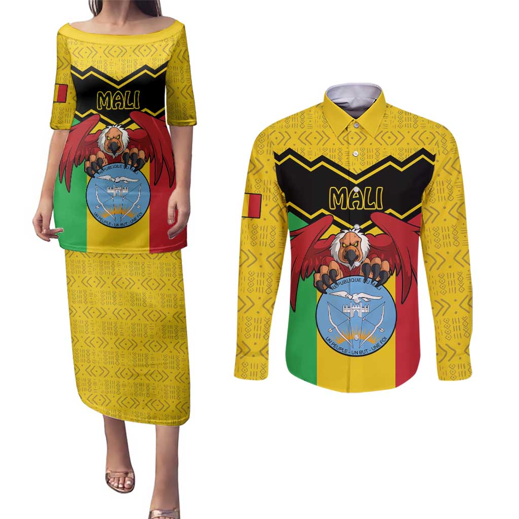 Personalised Mali Couples Matching Puletasi and Long Sleeve Button Shirt Vulture With Coat Of Arms Bogolan Pattern