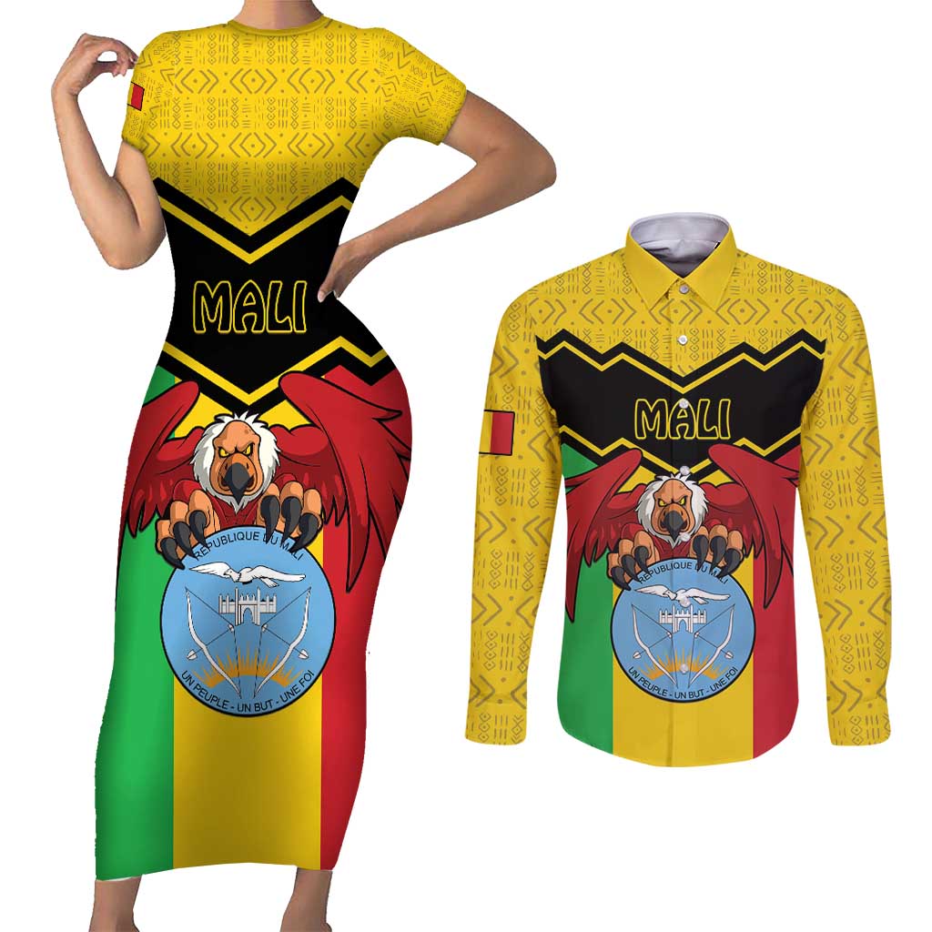 Personalised Mali Couples Matching Short Sleeve Bodycon Dress and Long Sleeve Button Shirt Vulture With Coat Of Arms Bogolan Pattern