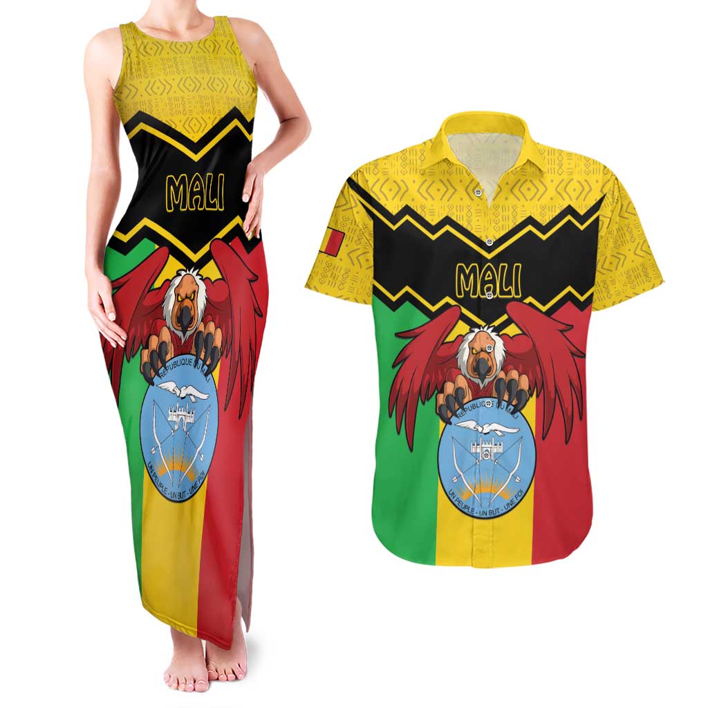 Personalised Mali Couples Matching Tank Maxi Dress and Hawaiian Shirt Vulture With Coat Of Arms Bogolan Pattern