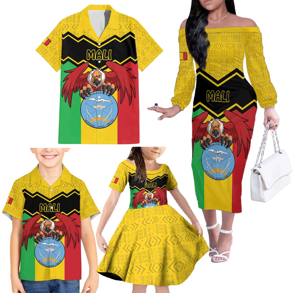 Personalised Mali Family Matching Off The Shoulder Long Sleeve Dress and Hawaiian Shirt Vulture With Coat Of Arms Bogolan Pattern