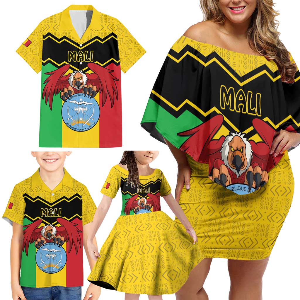 Personalised Mali Family Matching Off Shoulder Short Dress and Hawaiian Shirt Vulture With Coat Of Arms Bogolan Pattern