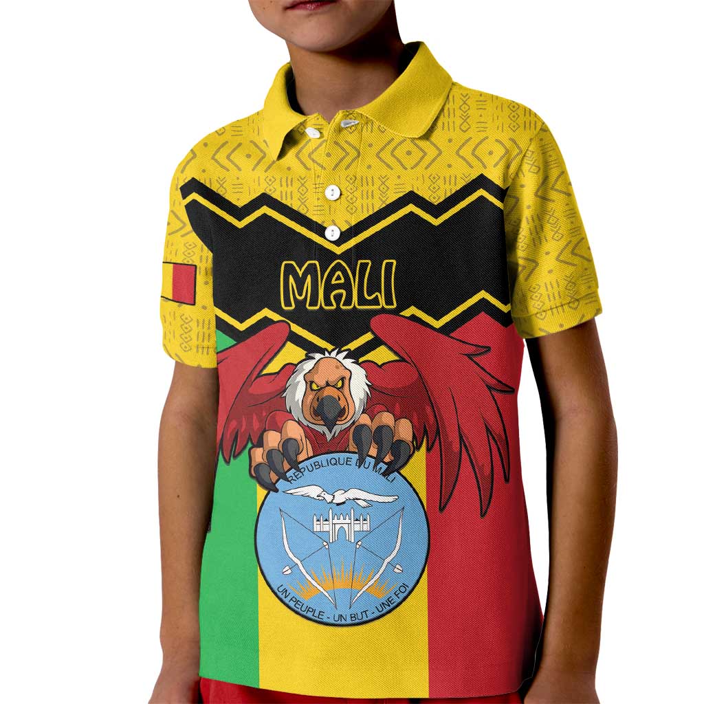 Personalised Mali Kid Polo Shirt Vulture With Coat Of Arms Bogolan Pattern - Wonder Print Shop