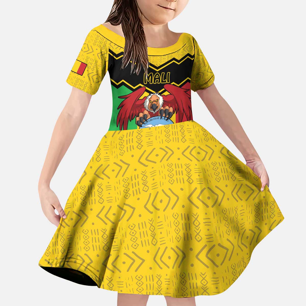 Personalised Mali Kid Short Sleeve Dress Vulture With Coat Of Arms Bogolan Pattern - Wonder Print Shop