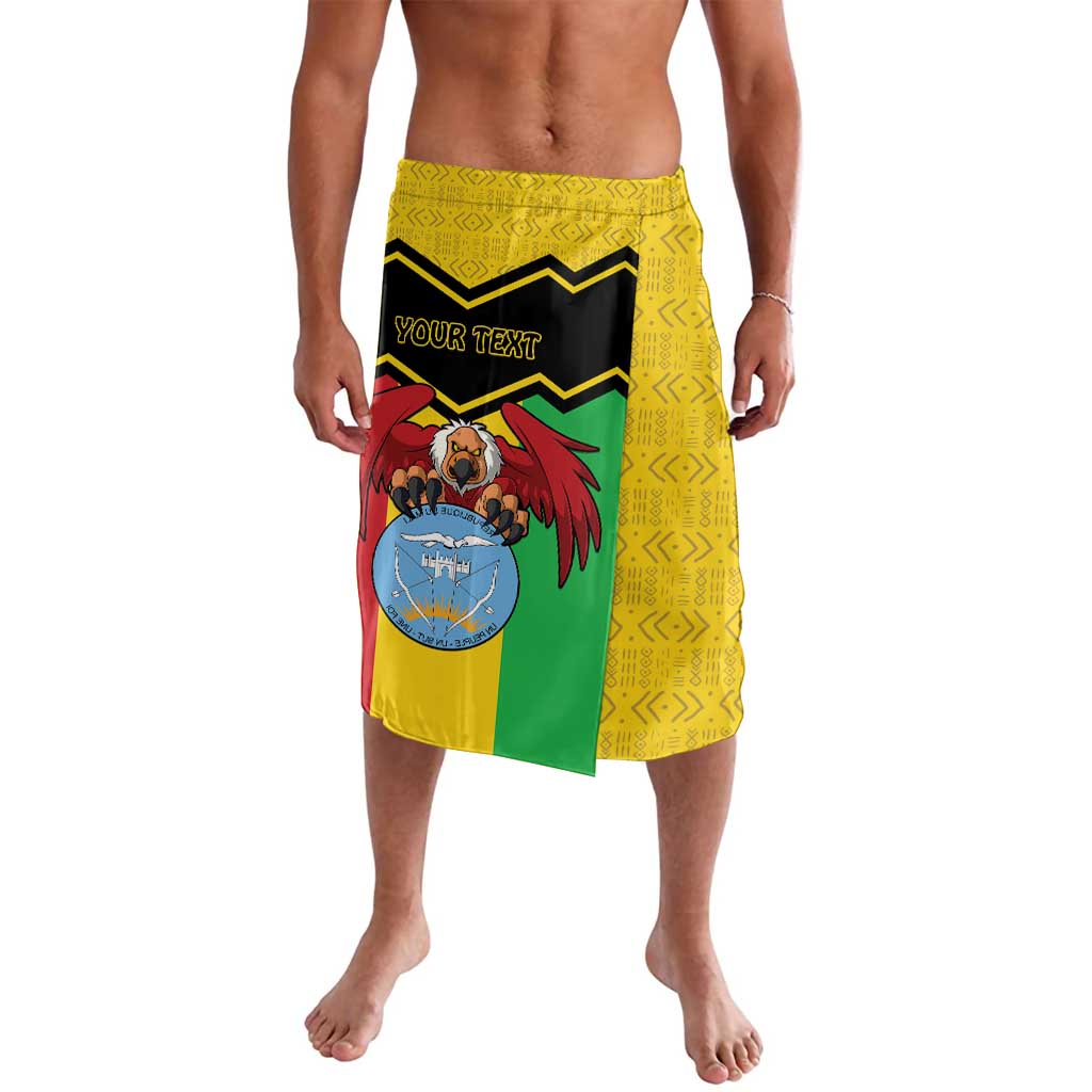 Yellow wrap sarong with black crest graphic and green panel, personalized text area