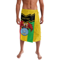 Yellow wrap sarong with black crest graphic and green panel, personalized text area