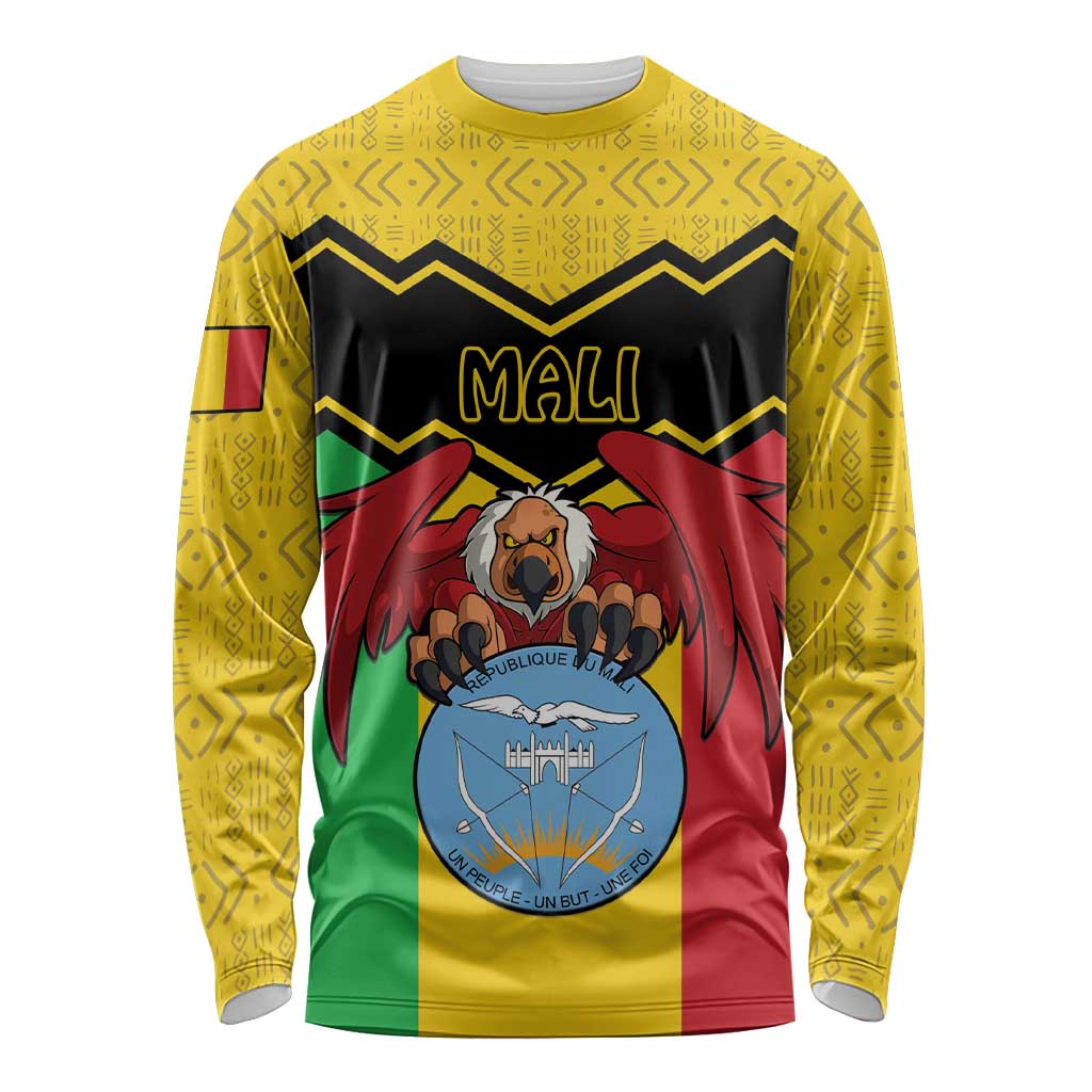 Personalised Mali Long Sleeve Shirt Vulture With Coat Of Arms Bogolan Pattern - Wonder Print Shop