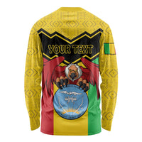 Yellow long-sleeve shirt back with YOUR TEXT and vulture coat-of-arms graphic