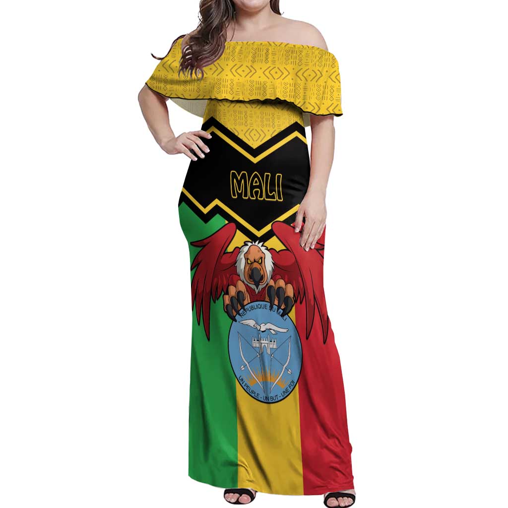 Personalised Mali Off Shoulder Maxi Dress Vulture With Coat Of Arms Bogolan Pattern - Wonder Print Shop