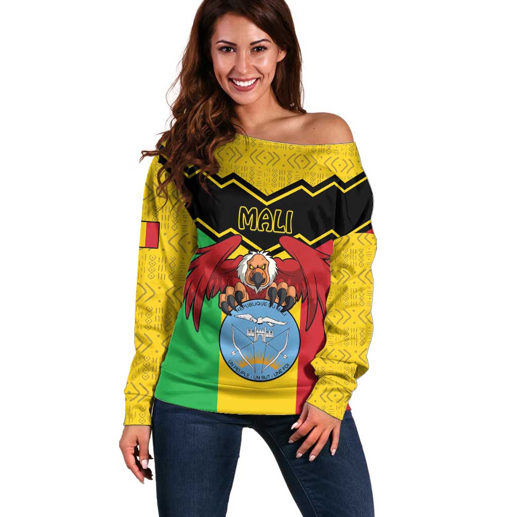 Personalised Mali Off Shoulder Sweater Vulture With Coat Of Arms Bogolan Pattern