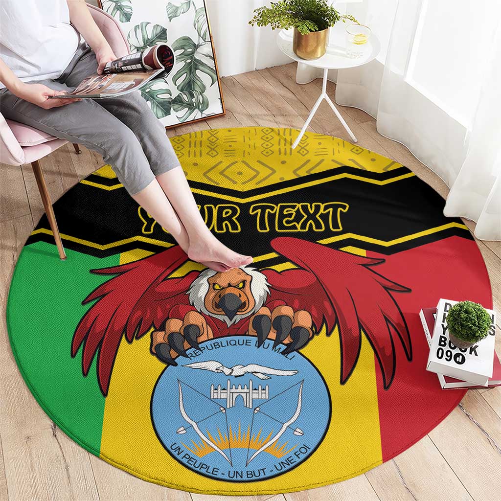 Round carpet with vulture coat of arms and 'YOUR TEXT', Bogolan-style pattern; green and red