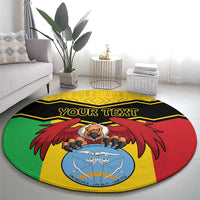 Round vulture coat-of-arms carpet with 'YOUR TEXT' and Bogolan-style pattern; yellow border
