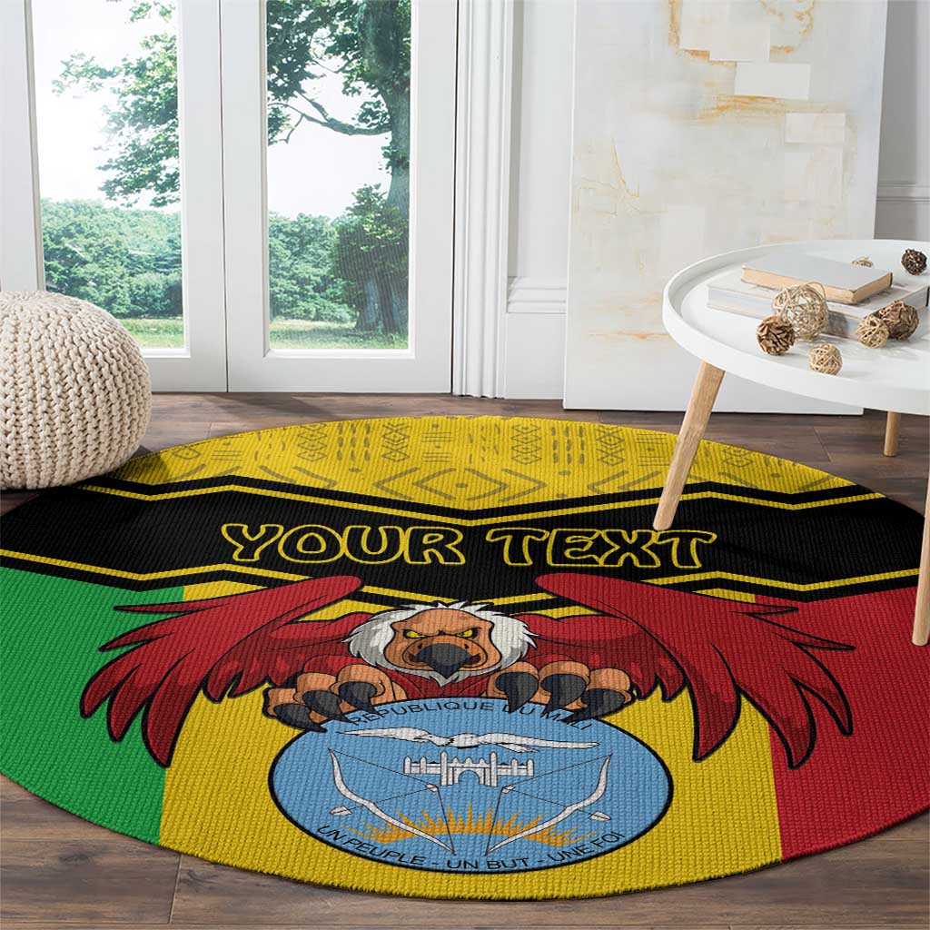 Round carpet with vulture coat of arms, 'YOUR TEXT' text band, Bogolan-style pattern