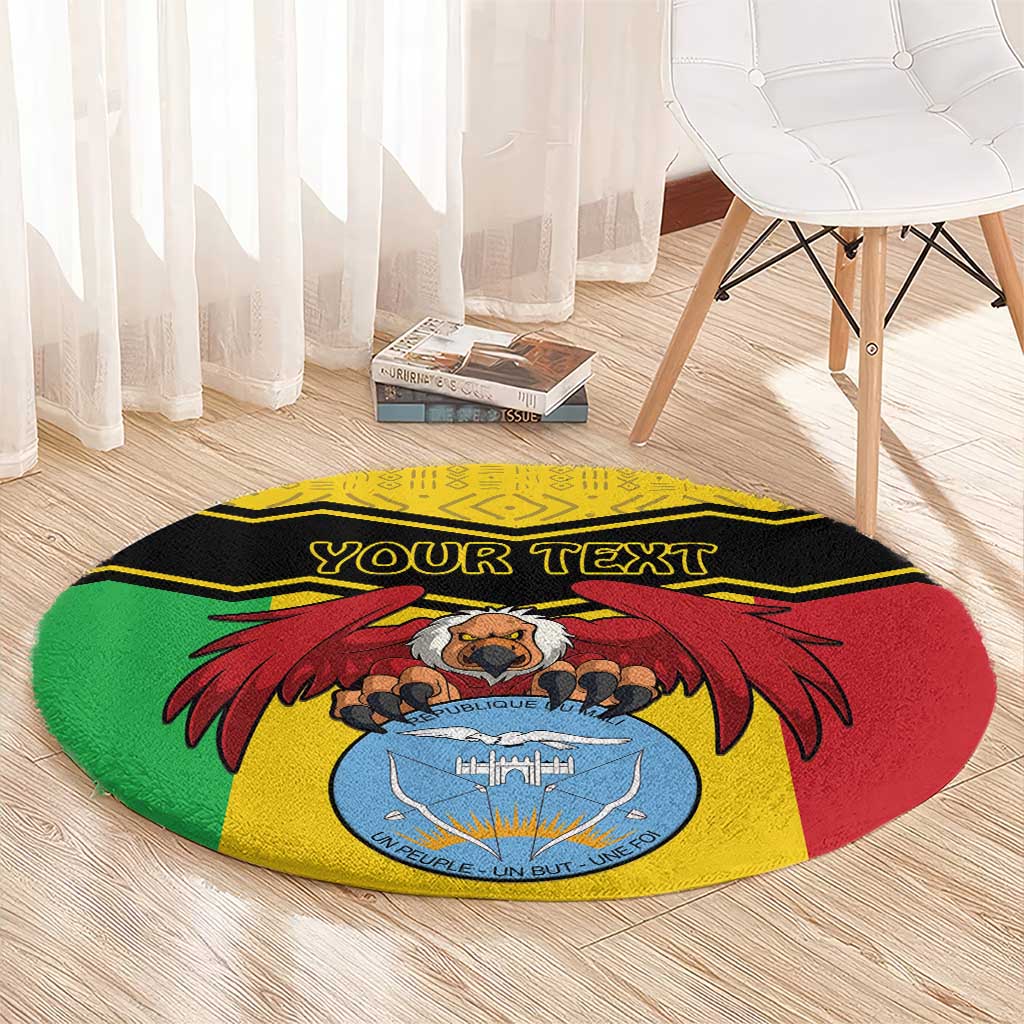 Round carpet with vulture coat of arms and 'YOUR TEXT', Bogolan-style pattern in green and red