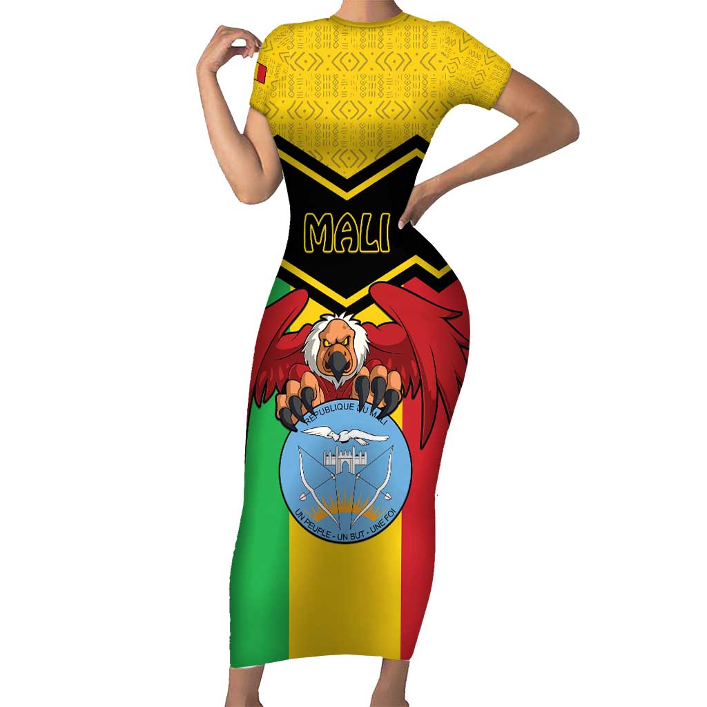 Personalised Mali Short Sleeve Bodycon Dress Vulture With Coat Of Arms Bogolan Pattern - Wonder Print Shop