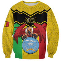 Yellow unisex sweatshirt with Mali coat of arms graphic and patterned sleeves, crew neck
