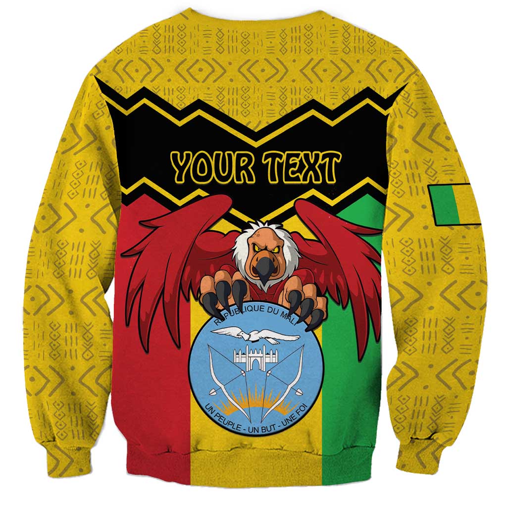 Yellow unisex sweatshirt with your text banner, Mali-style coat of arms graphic, crew neck