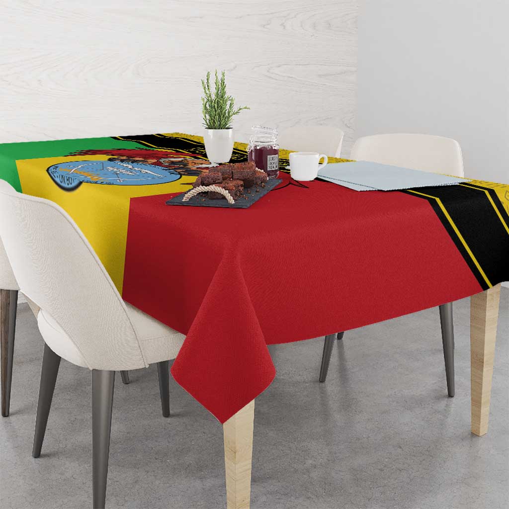 Personalised Mali tablecloth with bold yellow, green, and red panels and vulture coat-of-arms