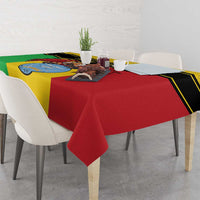 Personalised Mali tablecloth with bold yellow, green, and red panels and vulture coat-of-arms