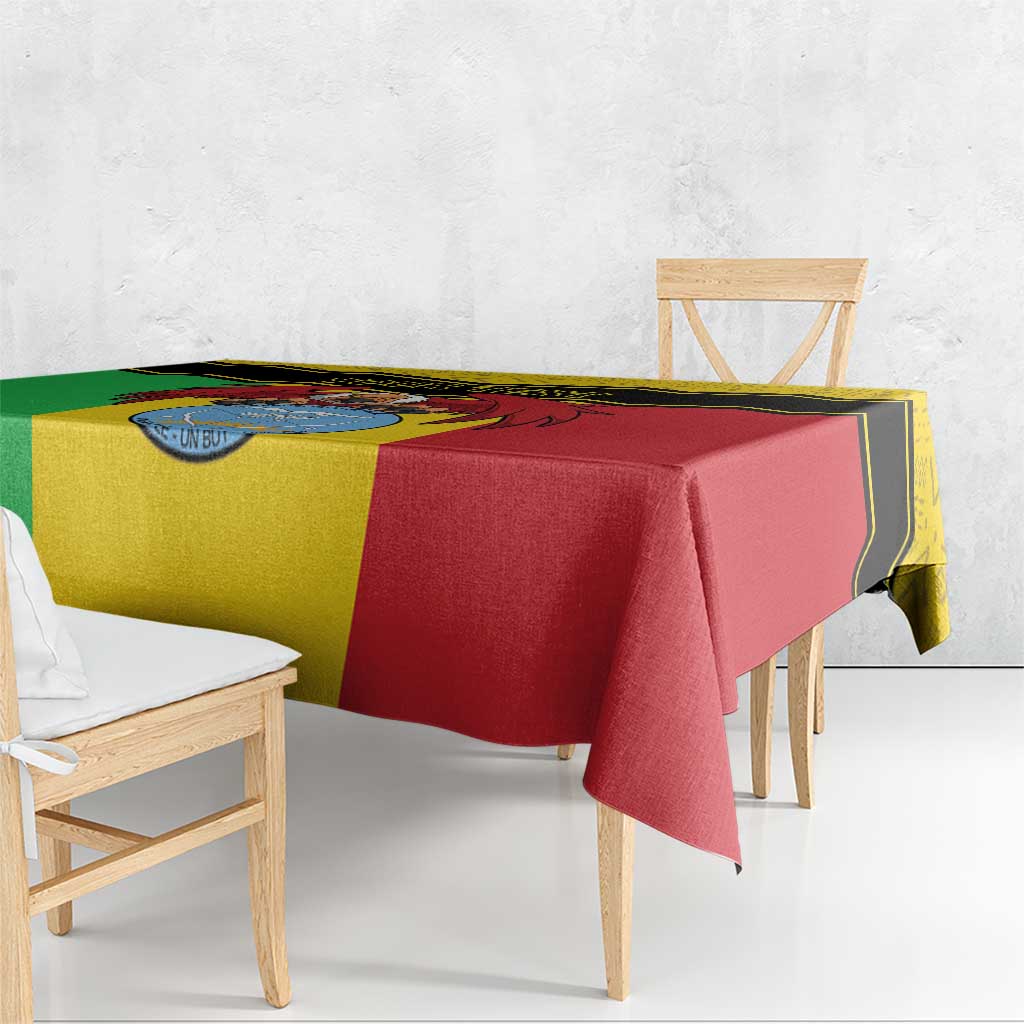 Personalised Mali tablecloth with yellow/green/red design and black trim, vulture coat-of-arms