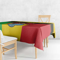 Personalised Mali tablecloth with yellow/green/red design and black trim, vulture coat-of-arms