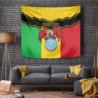 Personalized vulture coat-of-arms tapestry on brick wall with yellow, green, black and red panels