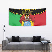 Personalized vulture coat-of-arms tapestry with 'YOUR TEXT' over green, red and black stripes
