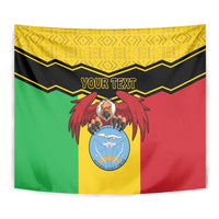 Personalized vulture coat-of-arms tapestry with 'YOUR TEXT' and bold yellow, green and red layout