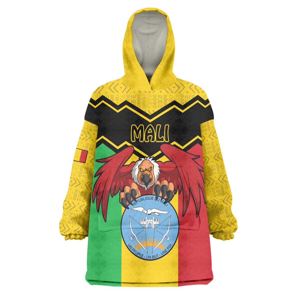 Personalised Mali Wearable Blanket Hoodie Vulture With Coat Of Arms Bogolan Pattern - Wonder Print Shop