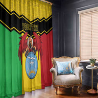 Personalised window curtain with vulture coat-of-arms print, green yellow red, custom text