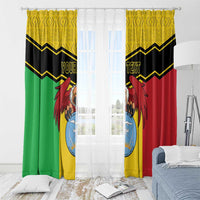 Personalised window curtain pair with vulture coat-of-arms print, green yellow red, custom text