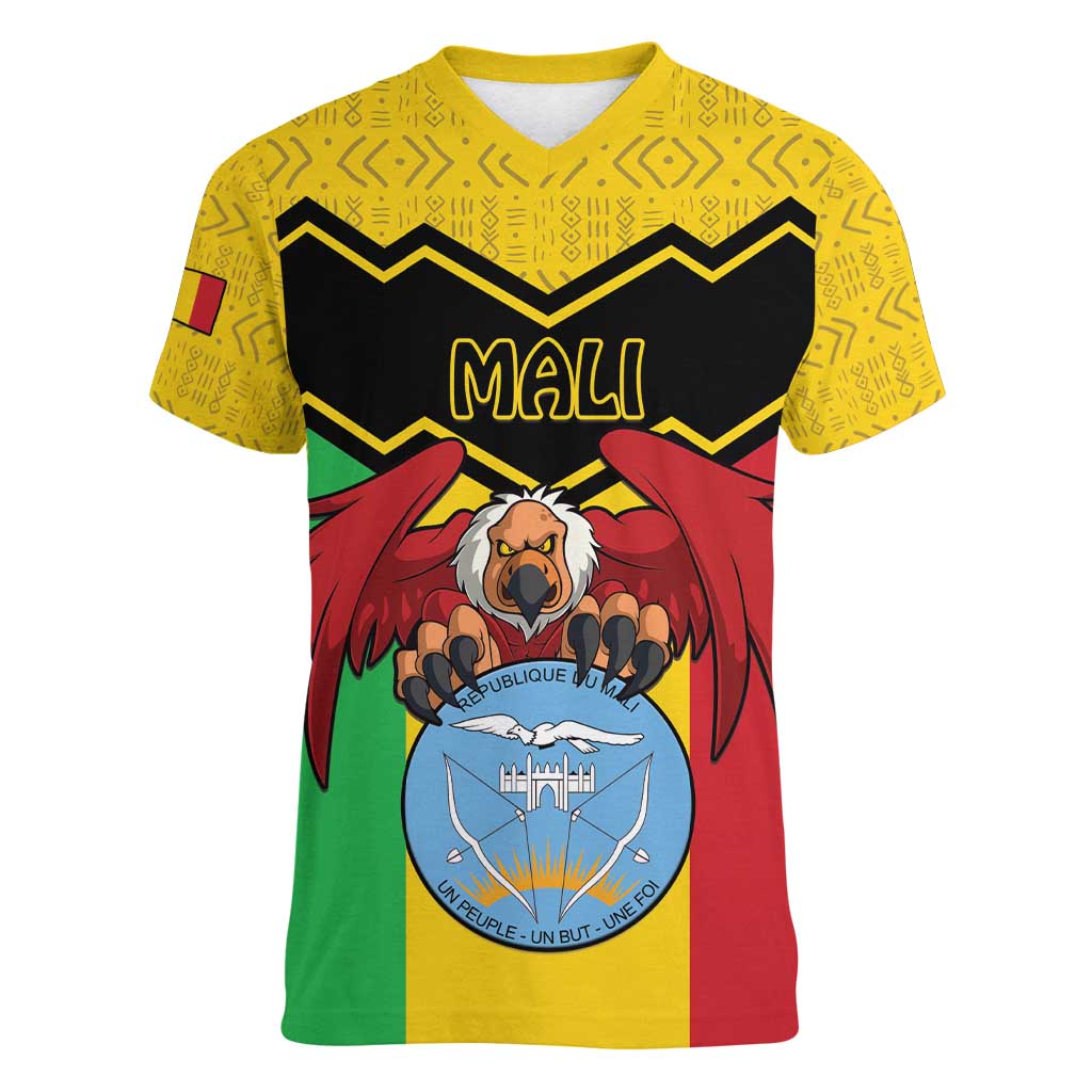 Personalised Mali Women V-Neck T-Shirt Vulture With Coat Of Arms Bogolan Pattern - Wonder Print Shop