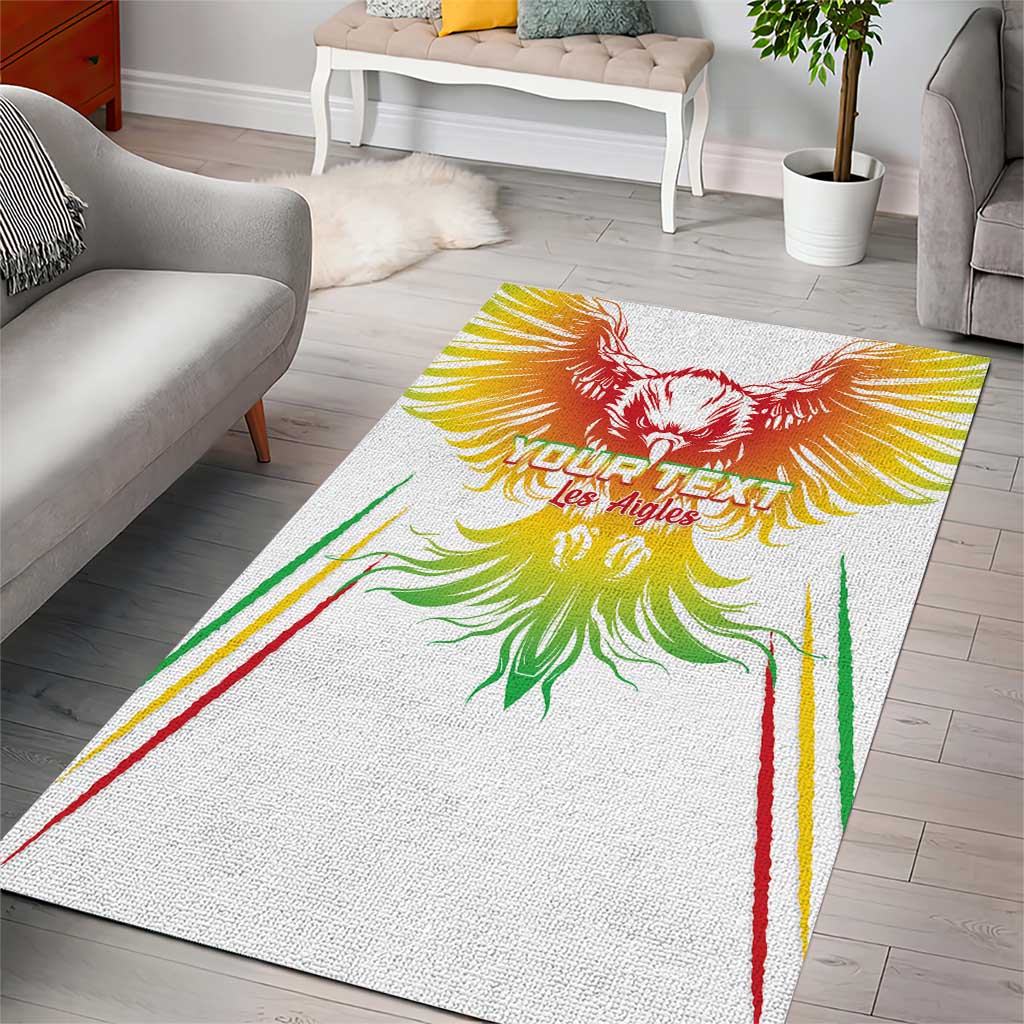 White football area rug with colorful crest and lettering, red bird and green rays