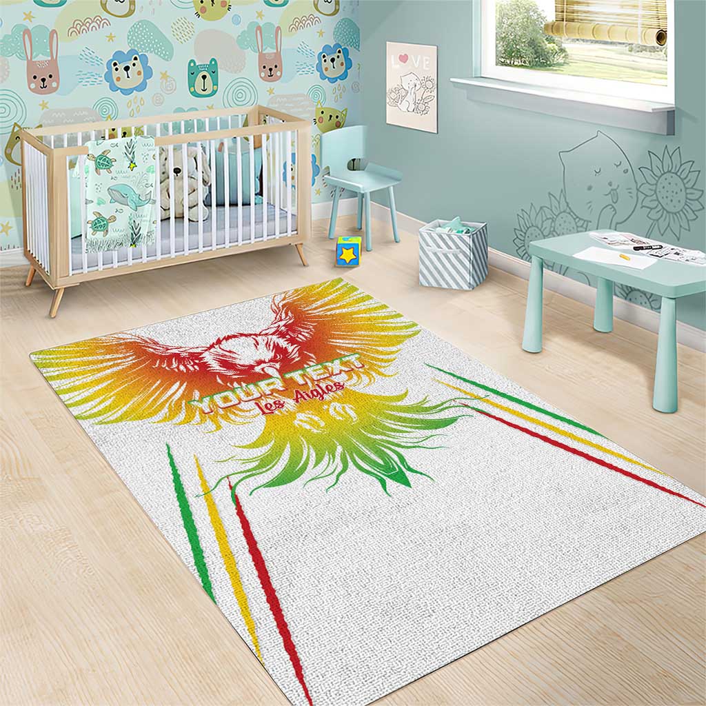 White football area rug with colorful bird crest and striped border in red, green, yellow