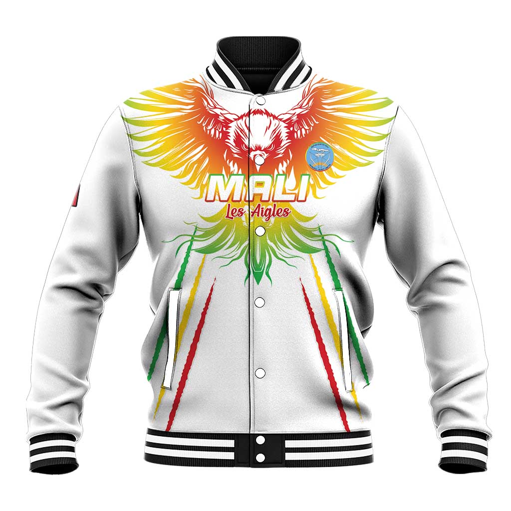 White varsity baseball jacket with striped ribbed collar, button front, Mali eagle graphic
