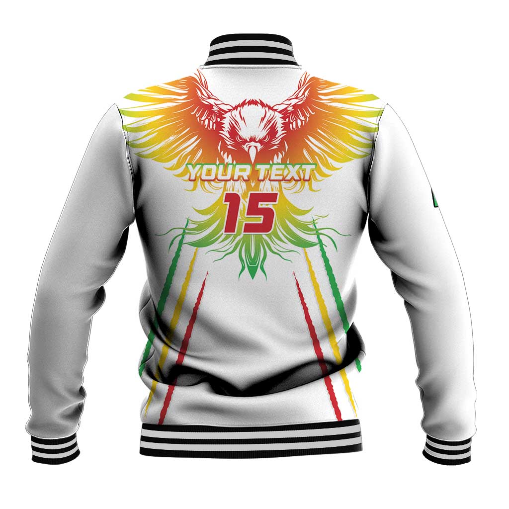 White baseball jacket back with eagle wings, YOUR TEXT and red 15, striped ribbed hem