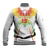 White baseball jacket back with eagle wings, YOUR TEXT and red 15, striped ribbed hem