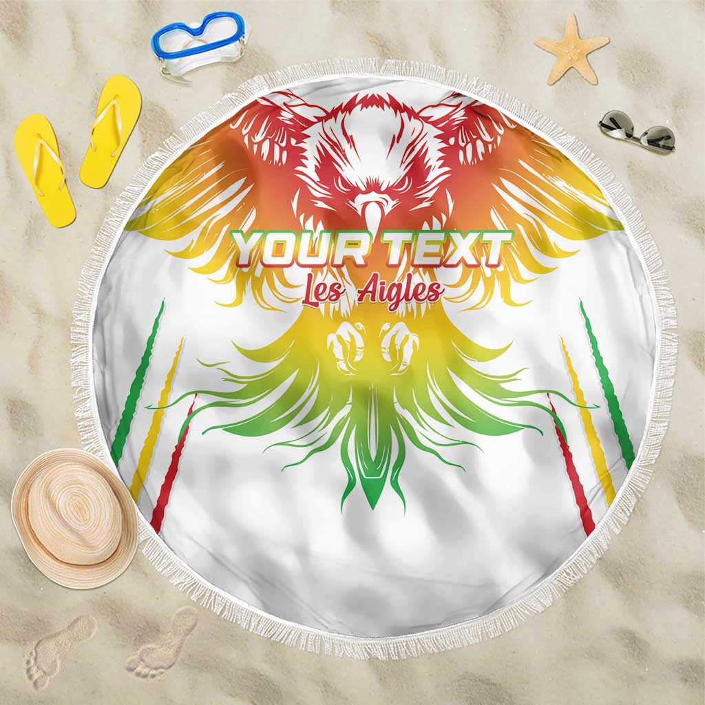 Round white beach blanket with “YOUR TEXT” and Les Aigles lion crest, fringed edge