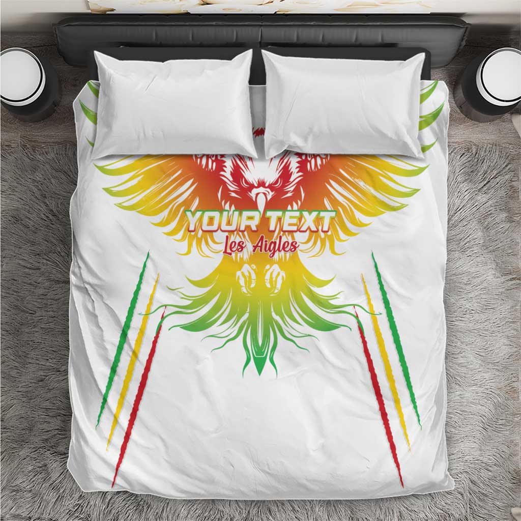 White football bedding set with green, yellow, and red eagle graphic and pillowcases