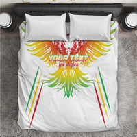 White football bedding set with green, yellow, and red eagle graphic and pillowcases
